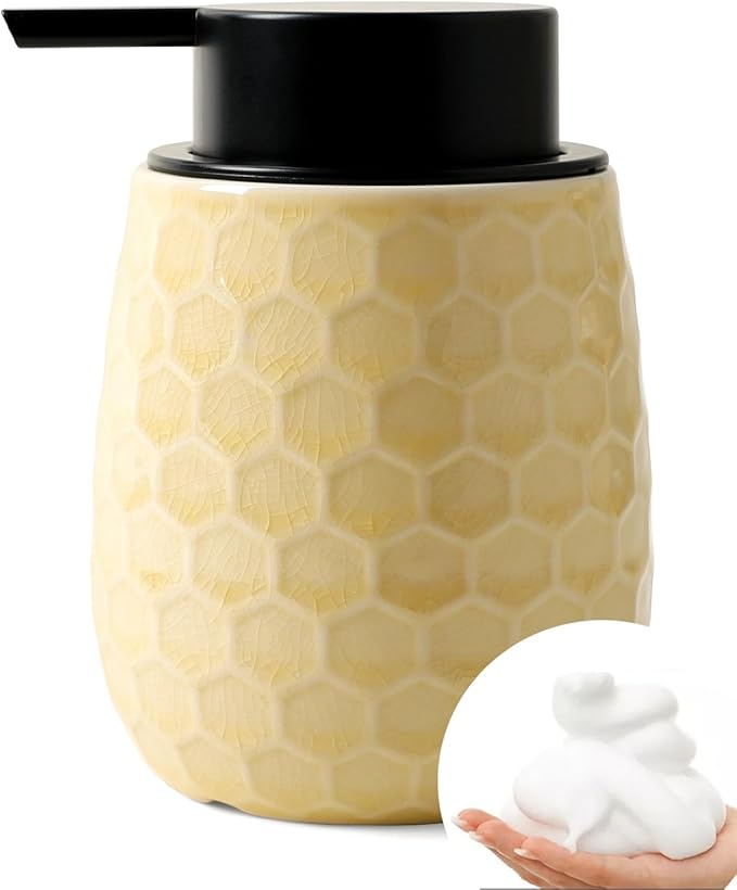 Foaming Soap Dispenser, 12OZ Ceramic Foam Hand Soap Dispenser with Honeycomb Design for Kitchen or Bathroom, Ice Crack Yellow Refillable Dish Lotion Dispenser, ANTIS'S HOME