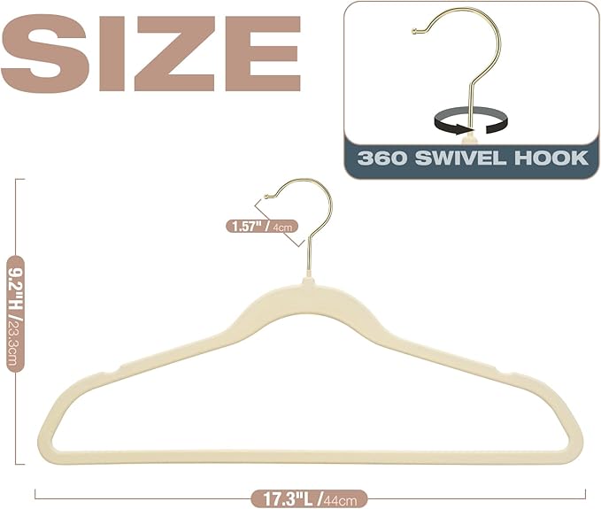50 Pack Beige Velvet Hangers,Non Slip,Heavy-Duty,Slim,Space Saving,with Felt Surface and Gold 360°Swivel Hook,for Pants,Outfit,Skirts,Suits,Coats,Dresses ect.