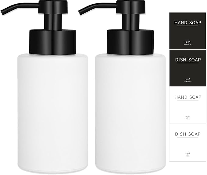Foaming Soap Dispenser Set, 12 Oz Glass Hand Soap Dispenser with 304 Rust Proof Stainless Steel Pump, Waterproof Labels, for Bathroom Decor Kitchen College Dorm, White Black Pump 2 Pack
