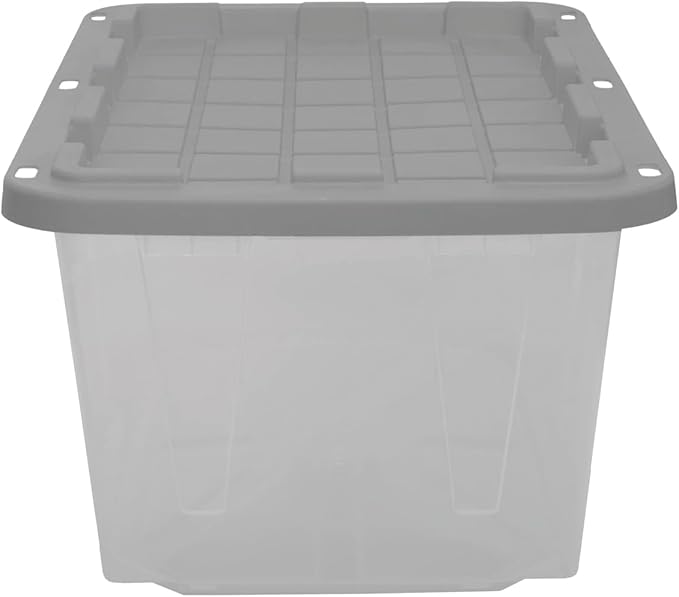 CX BLACK & YELLOW 27-Gallon Heavy Duty Clear Storage Bins with Lids, Stackable Plastic Storage Bins with Weather-Resistant Design, Home Organization, Clear & Grey, 4 Pack (14.3H x 20.6W x 30.6D)