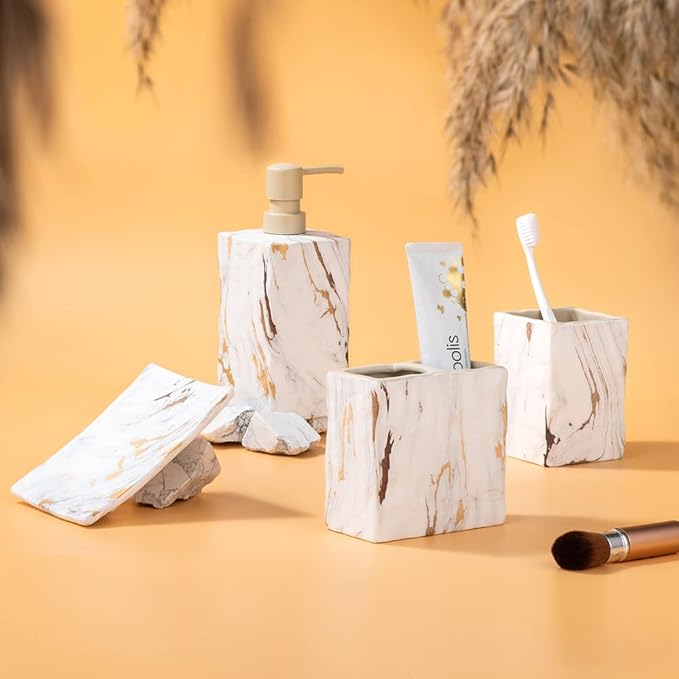Bathroom Accessories Set 4 Pcs Marble Look Sets Toothbrush Holder Soap Dispenser Counter Top Ceramic Bathroom Decor Set Gold