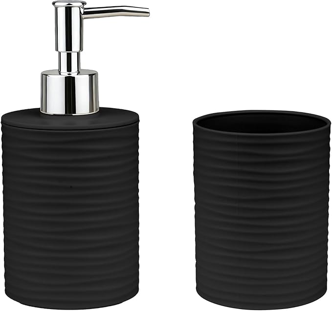 Bathroom Accessories Set, 2-Piece Black Soap Dispenser & Toothbrush Holder with Ripple Texture & Rust-Proof Pump, Modern Matte Organization