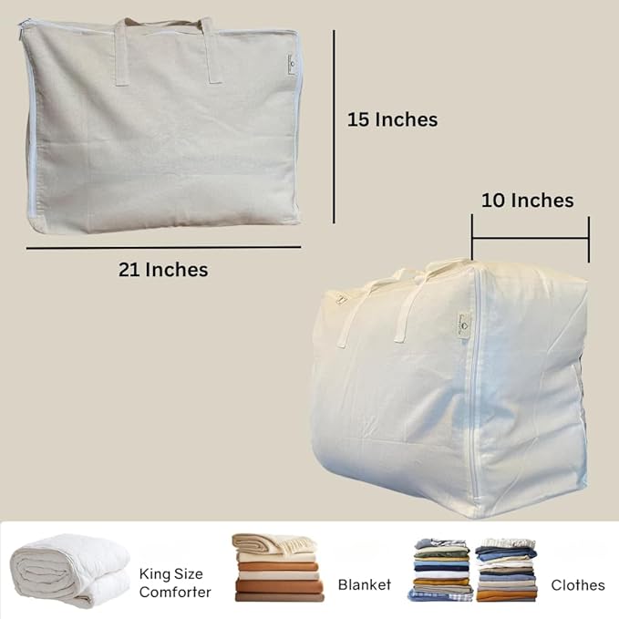 Storage Bag with Handles for Beddings, Comforters, Blankets, Linens -Underbed/WardrobeThick Soft Breathable Closet Organizer Bag (Large (21"X15"X10"), Off-White)