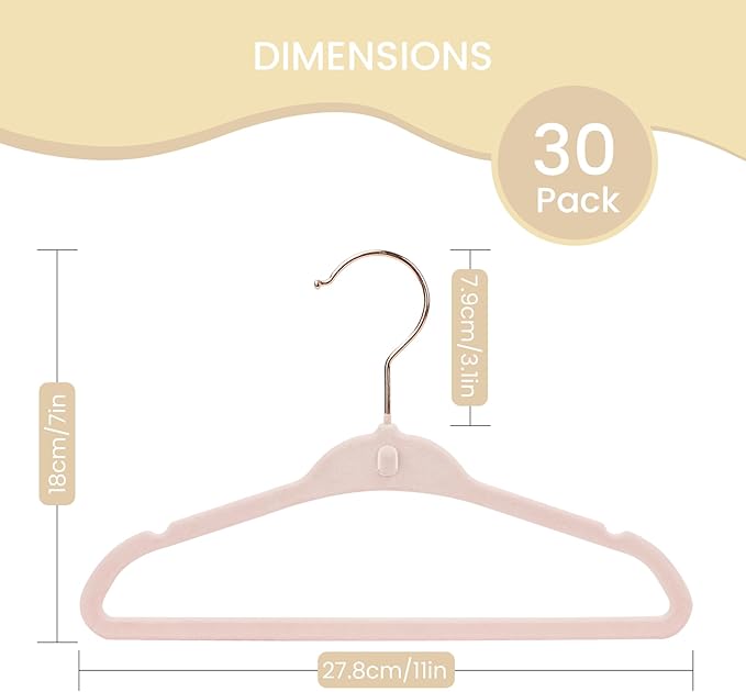 Baby Velvet Hangers 30 Pack, 11" Premium Felt Kids Hanger with 10 Clips, Slim 0.2" Non-Slip Stackable Design & 360° Swivel Hook, Space-Saving Toddler Clothes Hangers for Nursery Closet, Pink