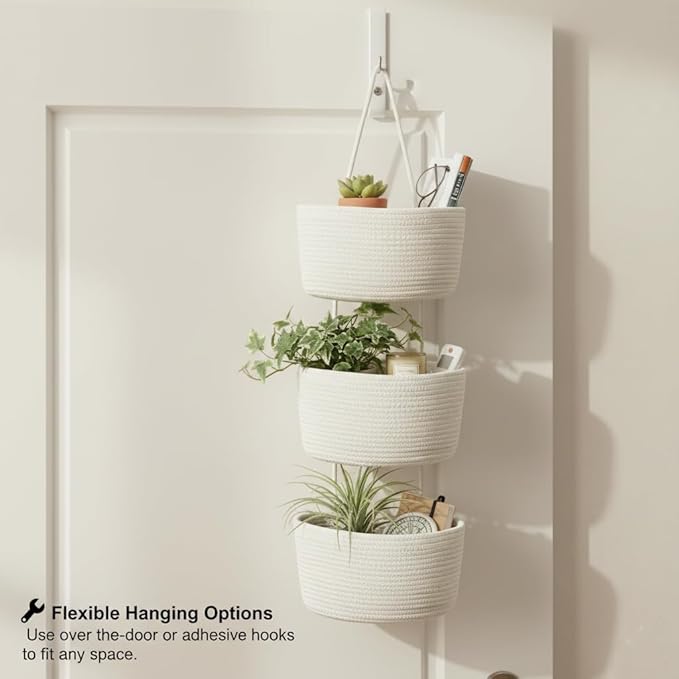 Britwicfr Over the Door Hanging Basket, Decorative Hanging Basket Storage, Organizing, Wall Basket Decorative Boho Decor for Nursery, Bedroom, Living Room with 4 Hooks, Whte