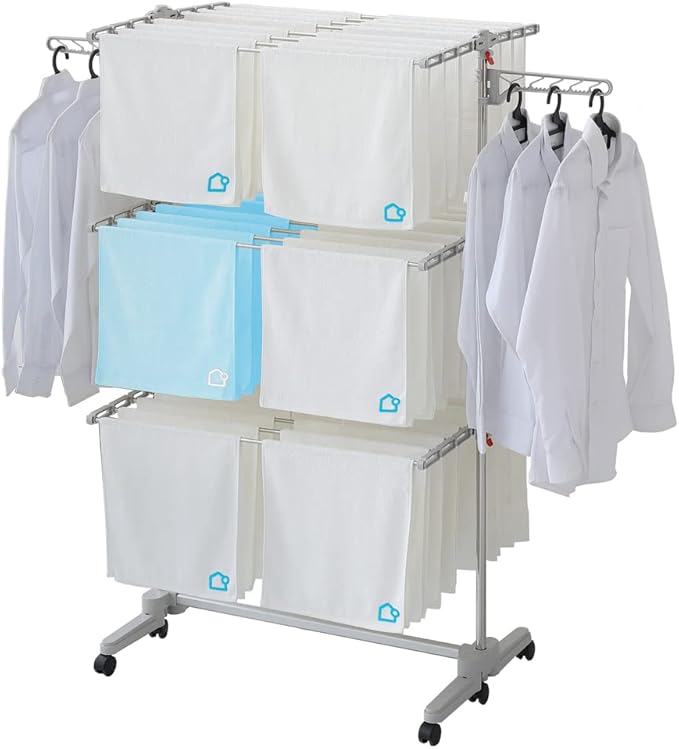 DOLEEFUN Foldable Laundry Drying Rack with Wheels - 48 Drying Rods, Heavy Duty, Movable, Perfect for Clothes, Duvet, Socks, Bed Linen, Sheets, 6 Wings