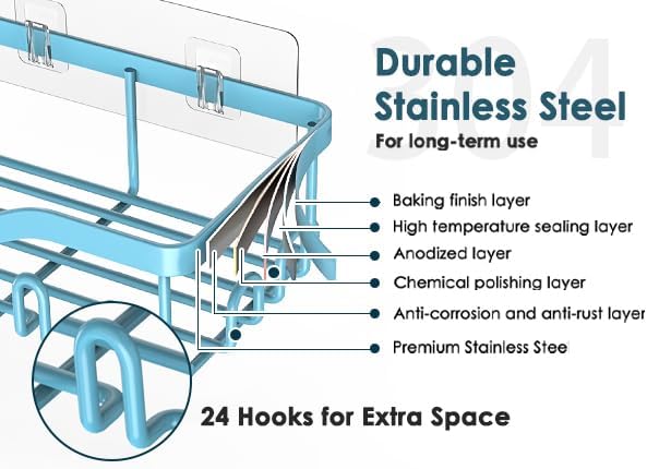 Shower Caddy Adhesive Shower Organizer 7-Pack, Rustproof Stainless Steel Bathroom Shelves, Large Capacity No-Drill Rack Storage Accessories with Soap Dish Toothbrush Holder Hooks