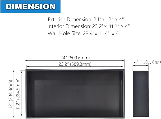 BATHFINESSE Shower Niche 24 x 12, Matte Black Stainless Steel Shower Niche Shelf Recessed for Bathroom Storage No Tile Needed Over Mount Installation