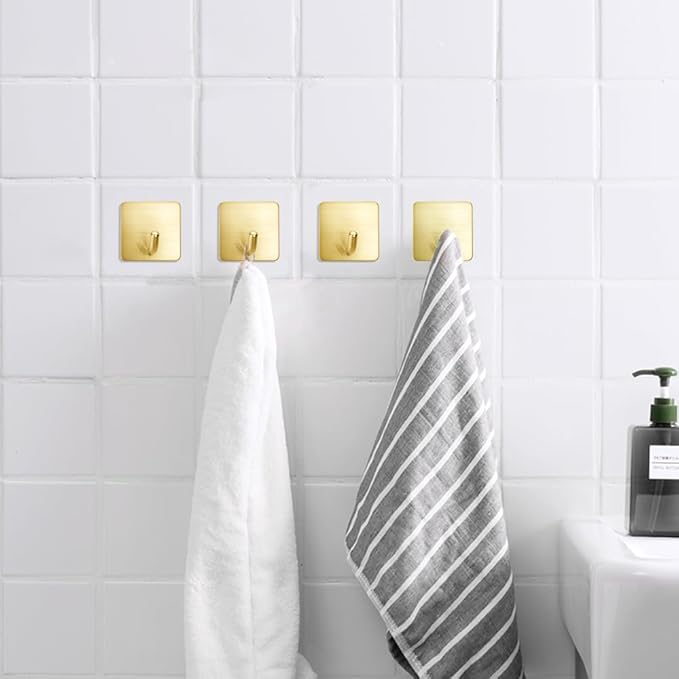 FOTYRIG Golden Stainless Steel Square Self Adhesive Hooks - Extra-Long Anti-Slip with Upgraded Adhesive, Holds 15lb Heavy Duty Wall Hooks for Kitchen, Bathroom, Garage -4 Packs