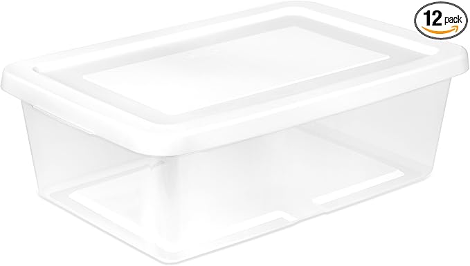 Sterilite 12 Pack Storage Box, 12 Quart Stackable Tote, Clear Plastic Container with Secure Snapping Lids for Home and Office Organization, White