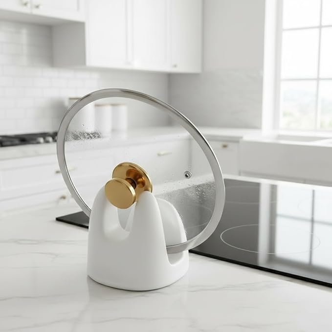 Nihow Pot Lid Holder: Stable Ceramic Pan Lid Holder for Kitchen Counter Decor/Counter top/Stove Top- Heat Resistant & Dishwasher Safe - Matte White(1 PC)