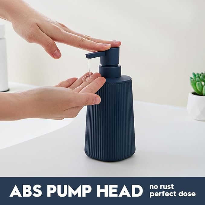 Small Soap Dispenser for Bathroom and Kitchen, Modern Farmhouse Striped Style Plastic Hand Soap Dish Soap Dispenser with Pump Matte Blue
