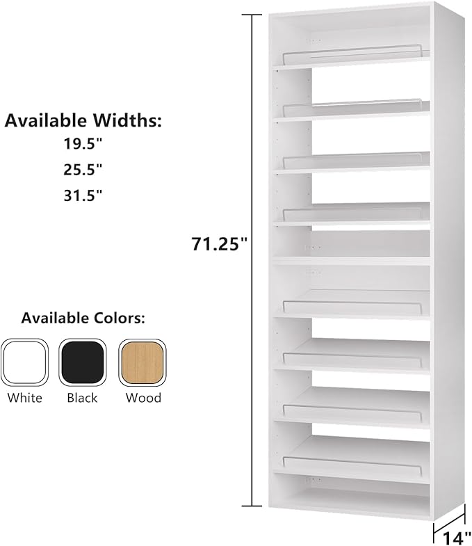 ROOMTEC Modular Closet System, 19.5" Shoe Shelf Closet Tower Wall-Mounted Closet Organizer, Wooden Tower for Walk-In Closets, Wardrobe Storage Kit, White