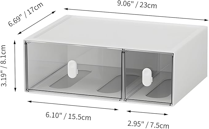 Desktop Storage Drawers, Plastic Desk Organizer with 2 Drawers, Modular Stackable Toolbox Units for Office Stationary, Makeup Container, Bathroom Countertop (Tall Layer, White & Clear)