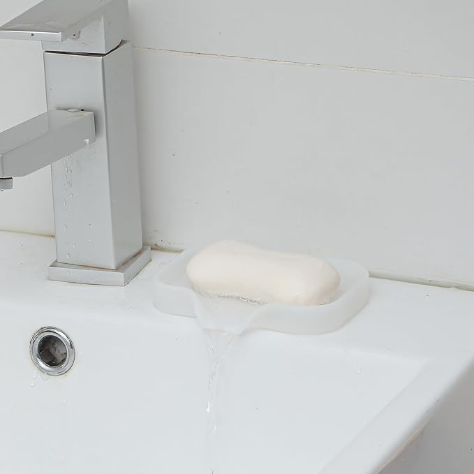 MicoYang Silicone Bathroom Soap Dishes with Drain Spout-Bathroom and Kitchen Sink Organizer,Sponge Holder,Dish Soap Tray,Perfect for Dispenser,Scrubber,Bottle,Cup on Counter Translucent 4.9"×3.2"