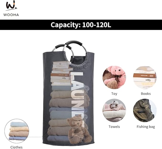 WOOHA 125L Large laundry basket,Collapsible laundry hamper, Tall Clothes Baskets Folding Washing Bin Foldable Fabric Hamper Bags for Bedroom, Closet,Bathroom,College,laundry bag,Darkgray