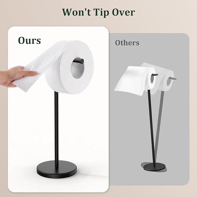 Evolvegoods Matte Black Toilet Paper Holder Stand, Free Standing Toilet Paper Holder for Bathroom, 304 Stainless Steel Rustproof Toilet Paper Stand Storage for 4 Rolls(Fits All Rolls)