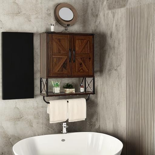 RUSTOWN Farmhouse Medicine Cabinet with 2 Barn Door,Wood Wall Mounted Storage Cabinet with Adjustable Shelf and Towel Bar, 3-Tier Bathroom Cabinet for Bathroom, Living Room(Dark Walnut, Medium)
