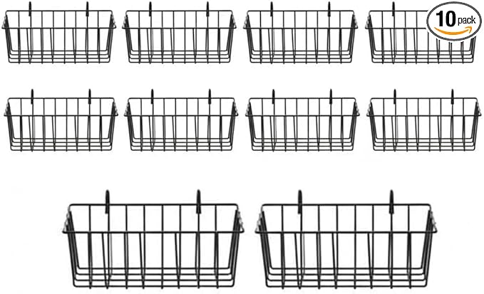 10 PCS Grid Wall Baskets and Bins, No Drilling Small Hook Basket Set for Wall Grid Panel, Wire Storage Basket for Kitchen Bathroom Home Decor Supplies, Black