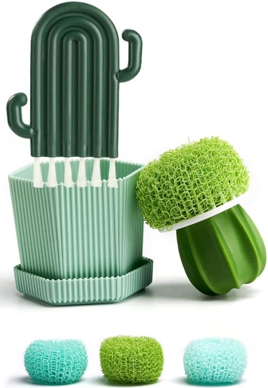 Kitchen Cleaning Brush Set with Holder & Drip Tray – 3 Head Cactus Scrub Brush, Row Brush, Mini Dish & Pot Brushes – Durable Multi-Purpose Scrubbers for Sink, Pans, Plates, Cups (Green)
