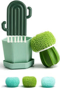 Kitchen Cleaning Brush Set with Holder & Drip Tray – 3 Head Cactus Scrub Brush, Row Brush, Mini Dish & Pot Brushes – Durable Multi-Purpose Scrubbers for Sink, Pans, Plates, Cups (Green)