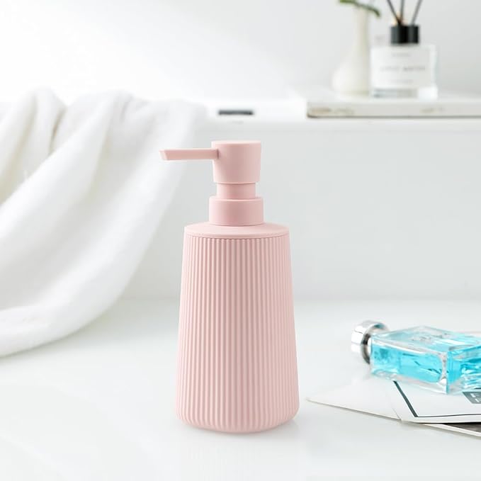Small Soap Dispenser for Bathroom and Kitchen, Modern Farmhouse Striped Style Plastic Hand Soap Dish Soap Dispenser with Pump Matte Pink for Girls