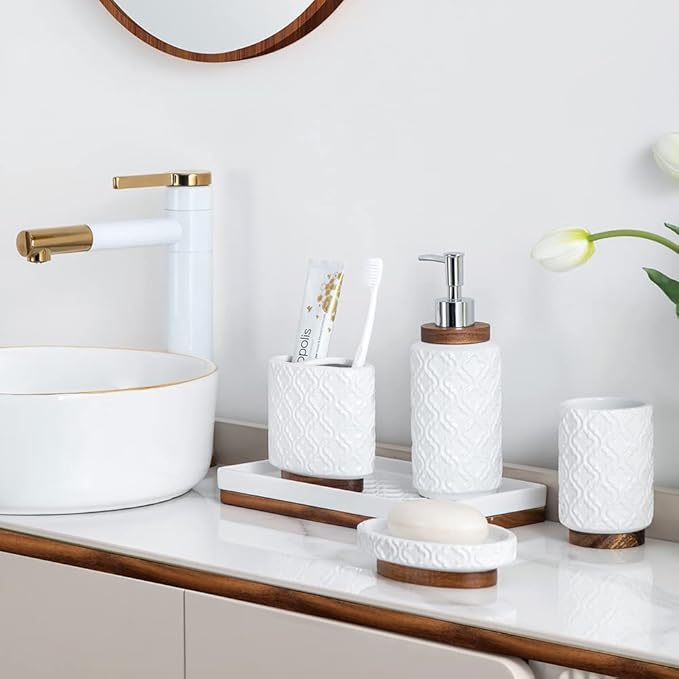 Bathroom Accessories Set 6 Pcs Toothbrush Holder Soap Dispenser Ceramic and Wood Bathroom Set with Trash Can Soap Dispenser Toothbrush Holder Tray Tumbler Soap Dish White