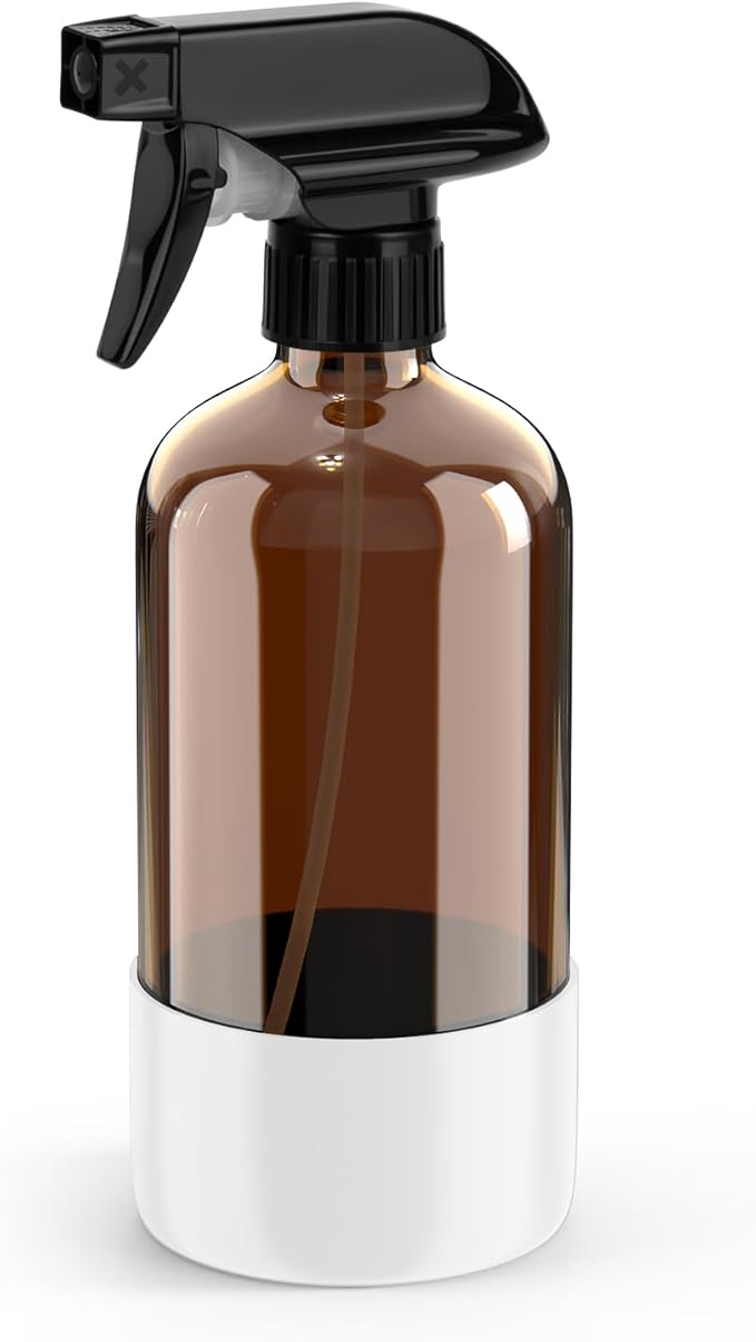 Amber Glass Spray Bottle with Silicone Sleeve Protection, 16 oz Refillable Spray Bottle for Cleaning Solutions, Plants, Aromatherapy, Facial Hydration (White Sleeve(Amber Bottle)