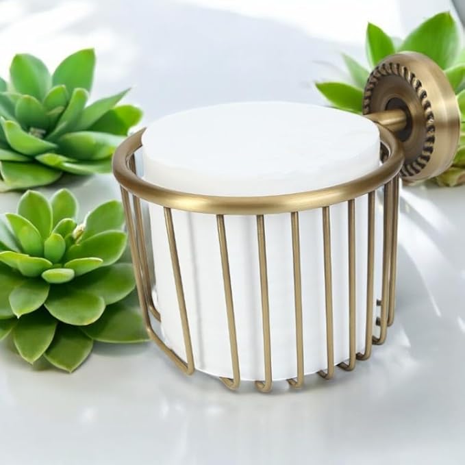Vintage Bronze Wall Mounted Toilet Paper Holder – Antique Brass Bathroom Accessories Tissue Dispenser with Stable Metal Stand, Wire Basket Storage Rack - for Roll with Diameter <5inch Only