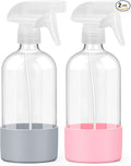 2 Pack Glass Spray Bottles with Silicone Sleeve, 16 oz Empty Refillable Containers with Adjustable Spray Nozzles, Spray Bottles for Hair, Cleaning Solutions and Plants Pink&Grey