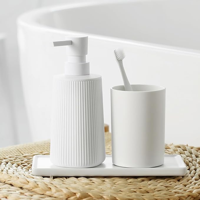 Small Soap Dispenser for Bathroom and Kitchen, Modern Farmhouse Striped Style Plastic Hand Soap Dish Soap Dispenser with Pump Matte White