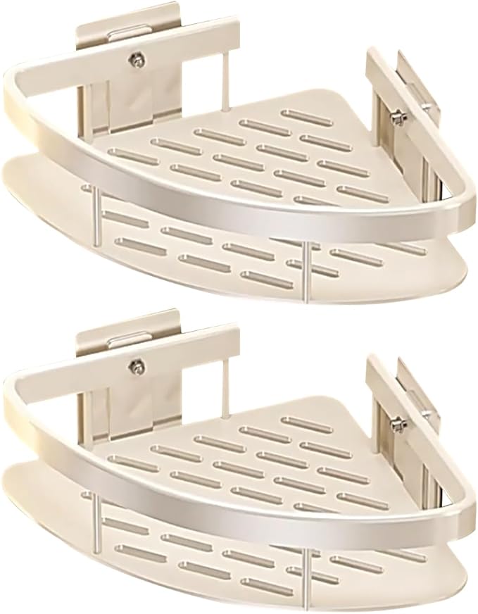 2LWAT Wall Mounted Shower Organizer, 2 Tier No Drilling Adhesive Shelf, Bathroom Shower Caddy with Hooks, Suction Cup, White