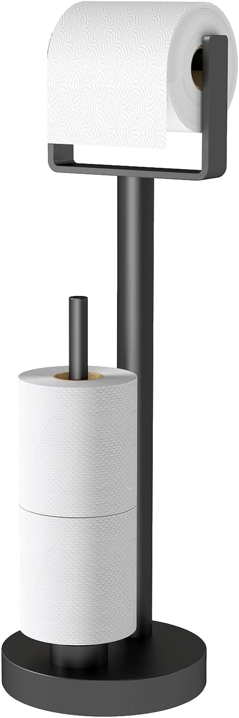 YUMORE Toilet Paper Holder Stand up with Storage, Bathroom Weighted Base Floor Toilet Paper Roll Holder Free Standing for 3 Rolls, Matte Black Bath Stainless Steel Extra Tissue Holder