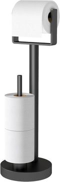 YUMORE Toilet Paper Holder Stand up with Storage, Bathroom Weighted Base Floor Toilet Paper Roll Holder Free Standing for 3 Rolls, Matte Black Bath Stainless Steel Extra Tissue Holder