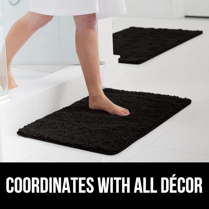 GORILLA GRIP Bath Rug Mat 48x17, Thick Soft Absorbent Chenille, Quick Dry Microfiber Mats, Rubber Backing Washable Shower Floor Rugs, Bathmat Runner, US Designed Bathroom Home Decor Accessories Black