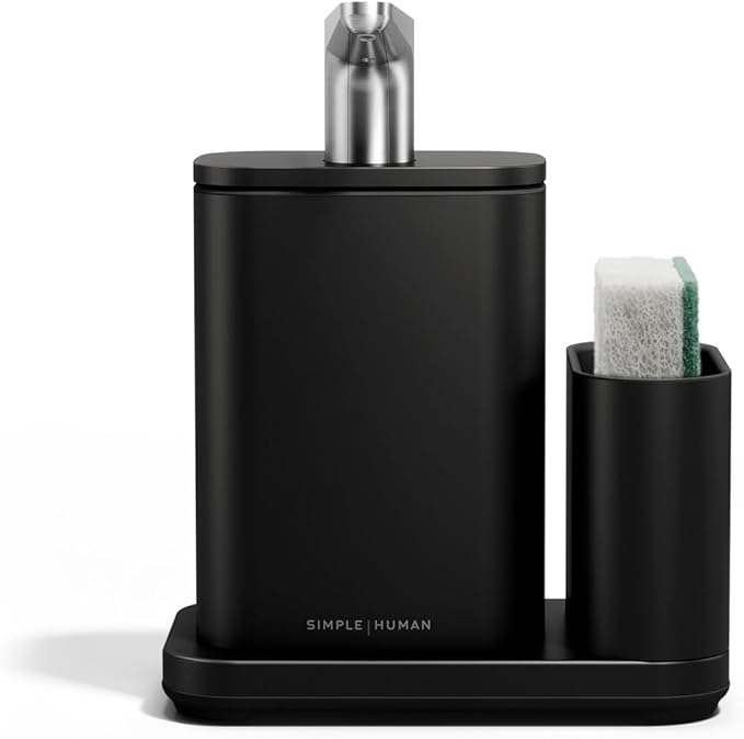 simplehuman Pulse Pump, 16 oz. with Caddy, Premium Soap Dispenser for Kitchen and Bathroom, Drip and Clog Free Valve, Mess-Free Wide Refill, Magnetic Caddy for Sponge, Matte Black Stainless Steel