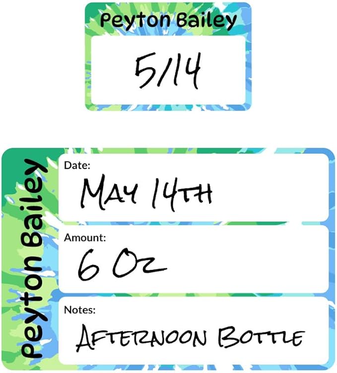 Name Bubbles - Reusable Baby Bottle Labels for Daycare (20 Labels) - Kids Washable Name Tags for Bottles, Sippy Cups, & Snack Containers, Waterproof, Baby Name Stickers, Write-On (Tie-Dye Art)