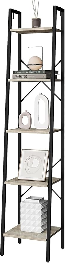 Ladder Shelf, Bookshelf Bookcase, Freestanding Corner Storage Shelve with 2 Hooks for Home Office, Living Room, Kitchen, Bedroom, Industrial, 11.8" D x 13.4" W x 63" H, Greige BC03205B