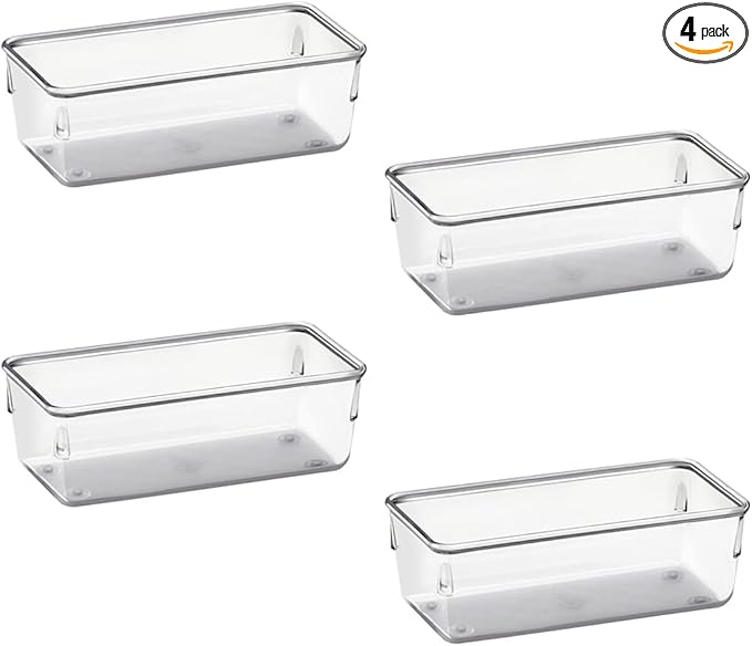Acrimet Drawer Organizer Modular, Box Tray Storage Bins for Office, Home, Makeup, Kitchen, Junk Drawer (4 Pieces) (Clear Crystal Plastic)
