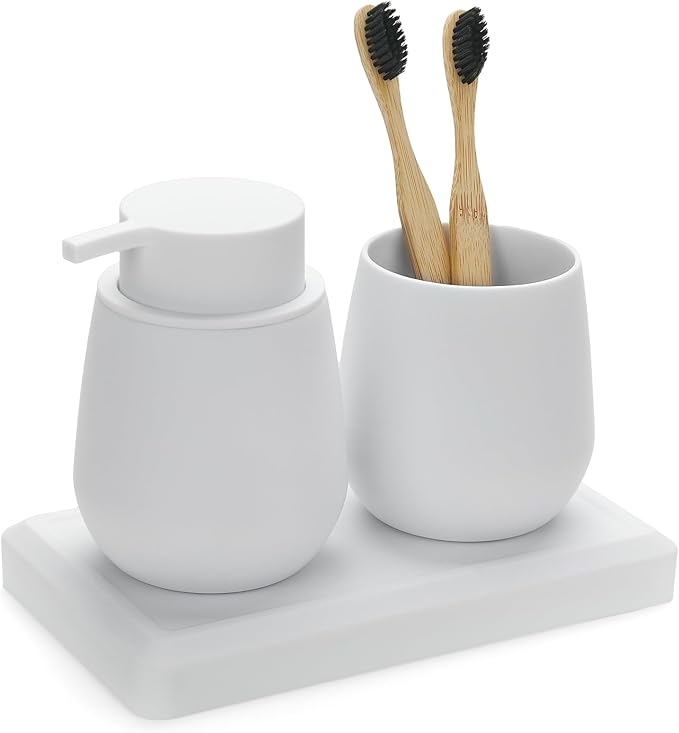 Bathroom Accessories Set, Modern 3 Pcs Bathroom Essentials - Soap Dispenser, Toothbrush Holder & Tray, Countertop Vanity Organizer (White)