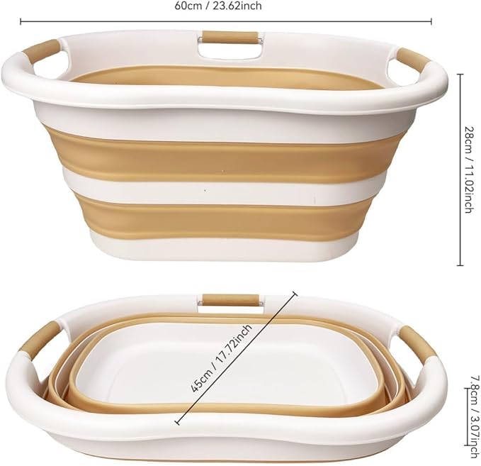 SAMMART 40L (10.5 gallon) Plastic Foldable Laundry Basket/Tub - Collapsible, Space Saving and Portable Laundry Hamper, Ideal for Home, Travel, Dorm, and Camping (1, White/Beige)