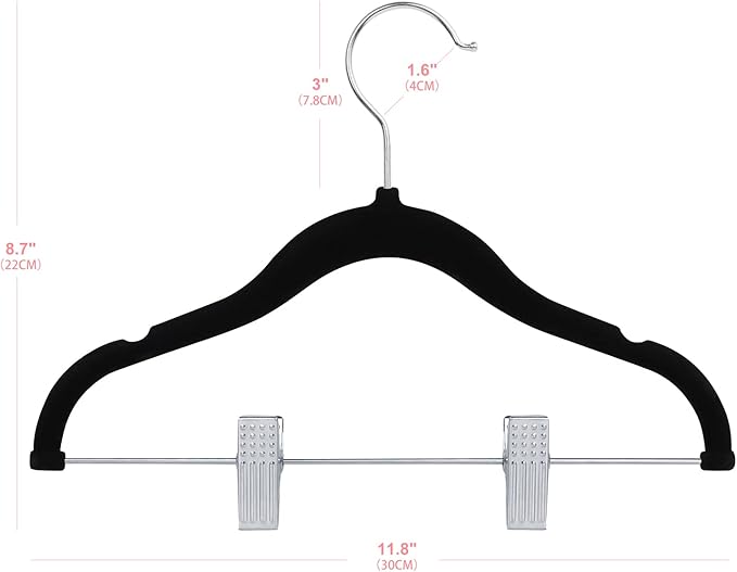 ManGotree 11.8'' Baby Velvet Hangers with Movable Clips, Non-Slip Kids Clothes Hangers, Ultra-Thin Space-Saving Children's Felt Hangers for Shirts, Pants, Dresses, Skirts, Jackets (16 Pack, Black)