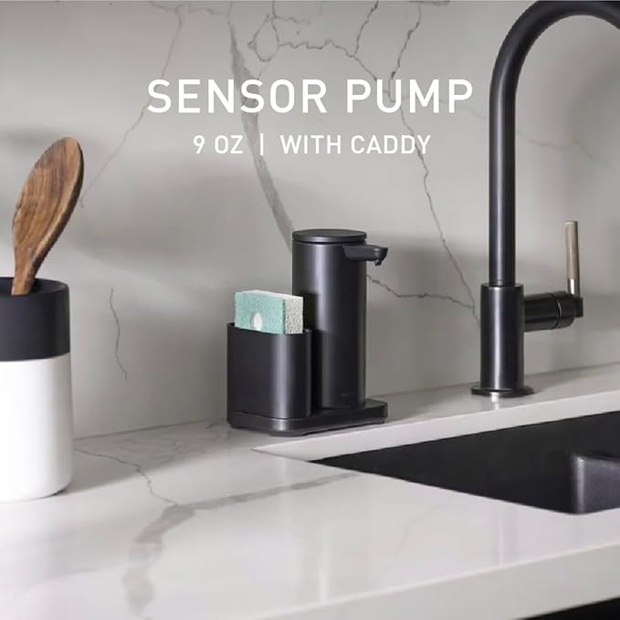 simplehuman Liquid Sensor Pump, 9 oz. with Caddy, Automatic Soap Dispenser for Kitchen and Bathroom, Touchless Motion Sensor, Variable Dispense, Rechargeable, High Grade Matte Black Stainless Steel