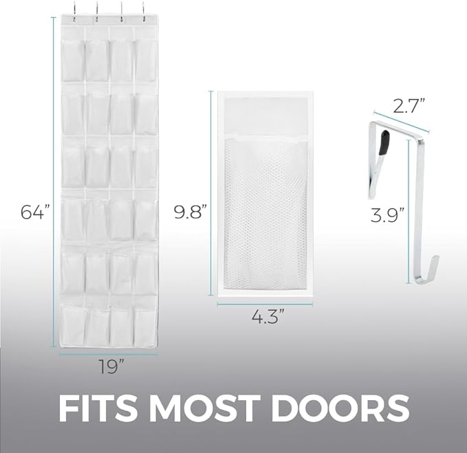 HOME GENIE Over the Door Hanging Shoe Organizer, 24 Breathable Mesh Pockets, Closet Rack Storage Holder, Stay in Place Hooks Hang on Closets, Hanger Holds Up to 40 lbs for Shoes, Accessories, White