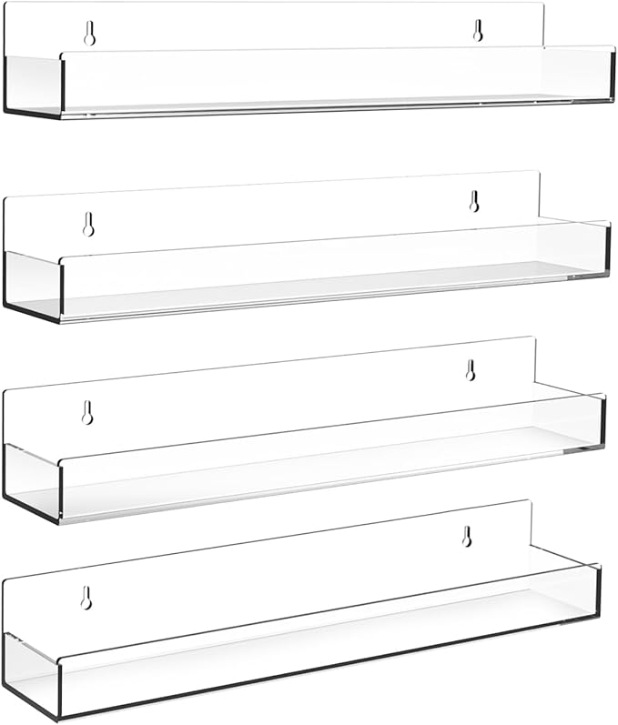 Clear Acrylic Floating Shelves Wall Mounted 15 Inch Invisible Kids Bookshelf Figurine Display Shelf Spice Rack for Office Bathroom Kitchen (4 Pack)
