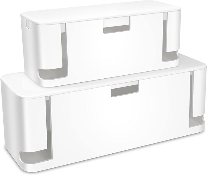 ZhiYo Cable Management Box White, 2Pack Cord Organizer Box - Extra Large and Medium Size, Cord Hider Box to Conceal Power Strips on Desk or Floor, Made from Electrically Safe ABS Material