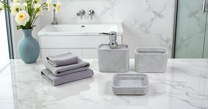 Hymmah Marble Pattern Bathroom Accessories Set, Toothbrush Holdr Set, 3 Pieces Resin Bathroom Set with Toothbrush Holder, Soap Dispenser, Soap Dish,Tumbler(Grey)