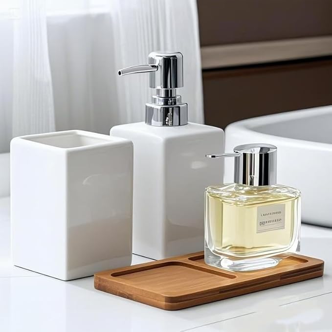 White Ceramic Soap Dispenser and Toothbrush Holder,3-Piece Bathroom Accessories Set Modern Square Countertop Bath Set,Liquid Soap Dispenser,Tumbler Cup,Wooden Vanity Tray