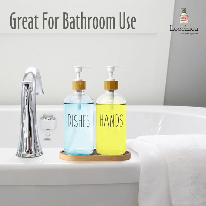 Clear Glass Soap Dispenser Set with Tray, Transparent Dish and Hand Soap Dispenser Set, Refillable Reusable Apothecary Soap Pump Dispenser Bottles for Bathroom and Kitchen