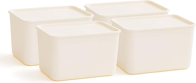 IRIS USA 24 Qt. Plastic Basket Storage Bins with Lids, Large, 4-Pack, Stackable Lidded Storage Organizer Bins for Kitchen, Bathroom and Bedroom, Off White